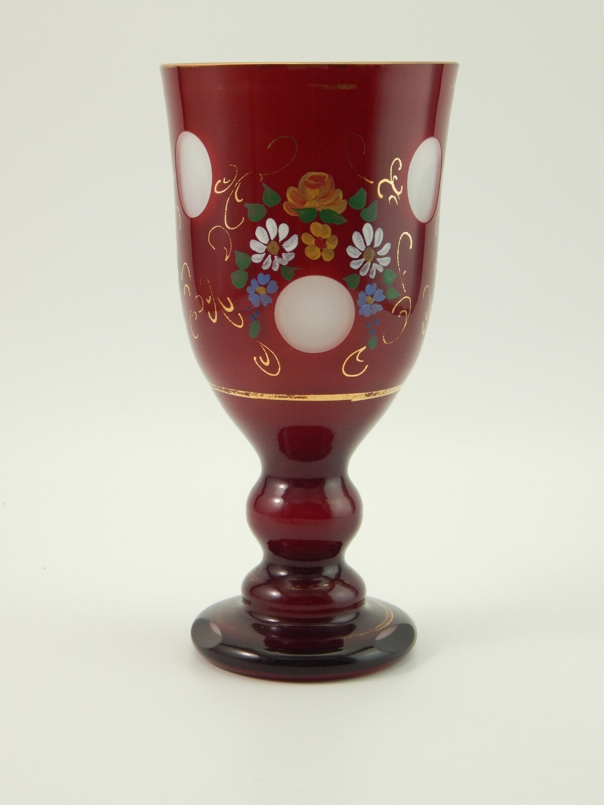 ANTICO BICCHIERE BOCCALE CRISTALLO MOLATO DIPINTO BOEMIA BIEDERMEIER INCAMICIATO