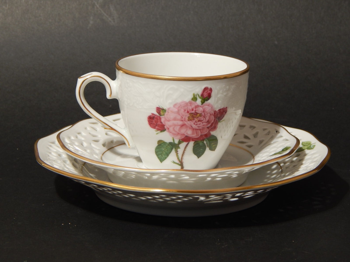 TRIO TAZZA PORCELLANA SCHUMANN BAVARIA PIERRE JOSEPH REDOUTE' ROSA GALLICA