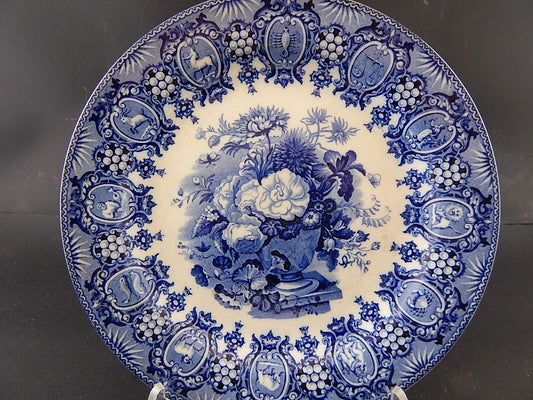 ANTICO RARO PIATTO PORCELLANA WEDGWOOD SEGNI ZODIACALI META' '800 BIANCO BLU