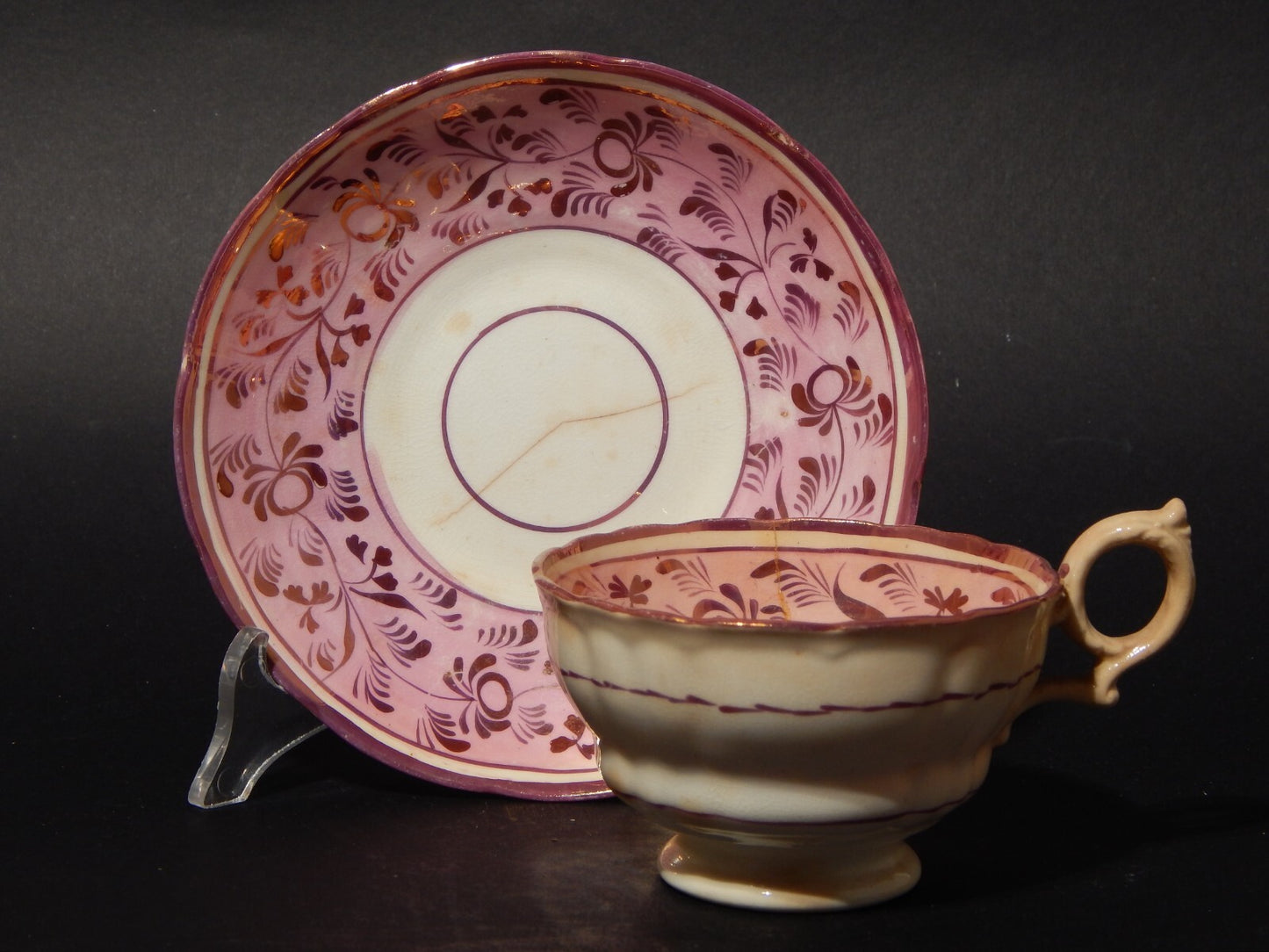 ANTICA GEORGIANA TAZZA TE' PORCELLANA LUSTRO ROSA STAFFORDSHIRE DIFETTI