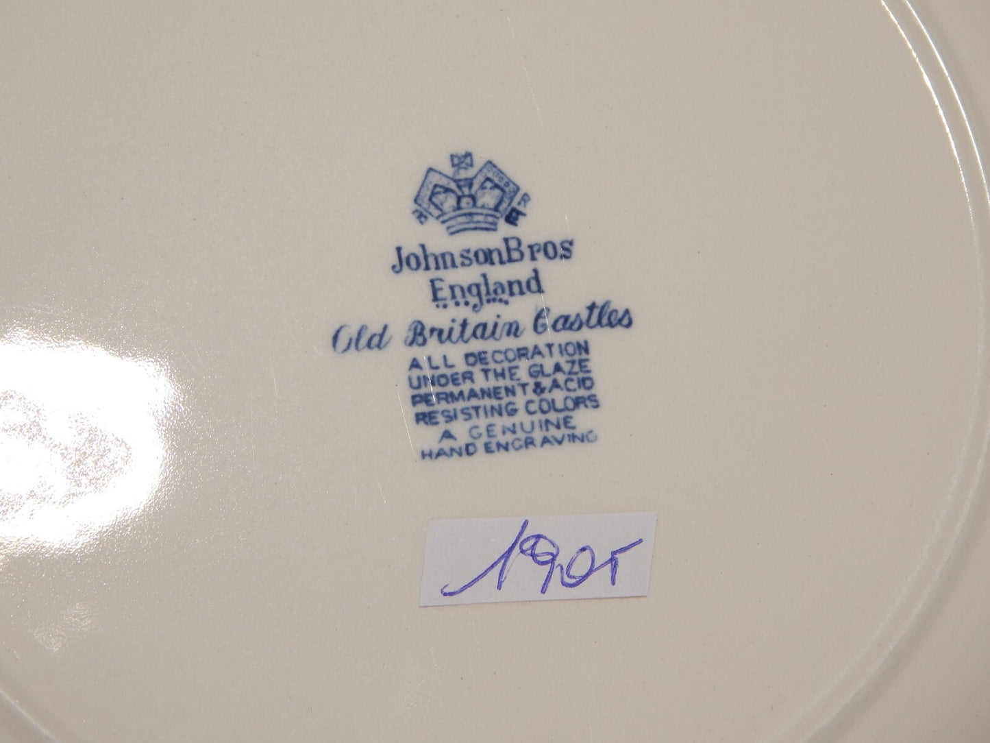 VINTAGE JOHNSON BROS OLD BRITAIN CASTLE BLU PIATTO PIANO PORCELLANA DIFETTO 1905