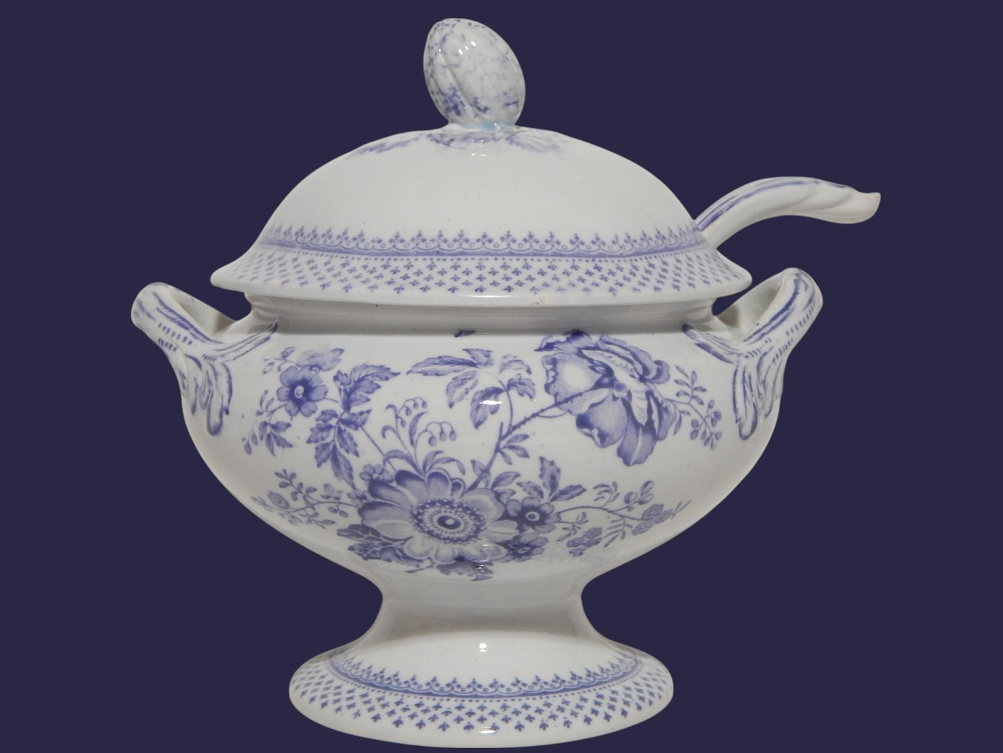 ANTICA RARA ZUPPIERA EGOISTE CERAMICA INGLESE PRIMAVESI 1860 ERMINE BORDER VIOLA