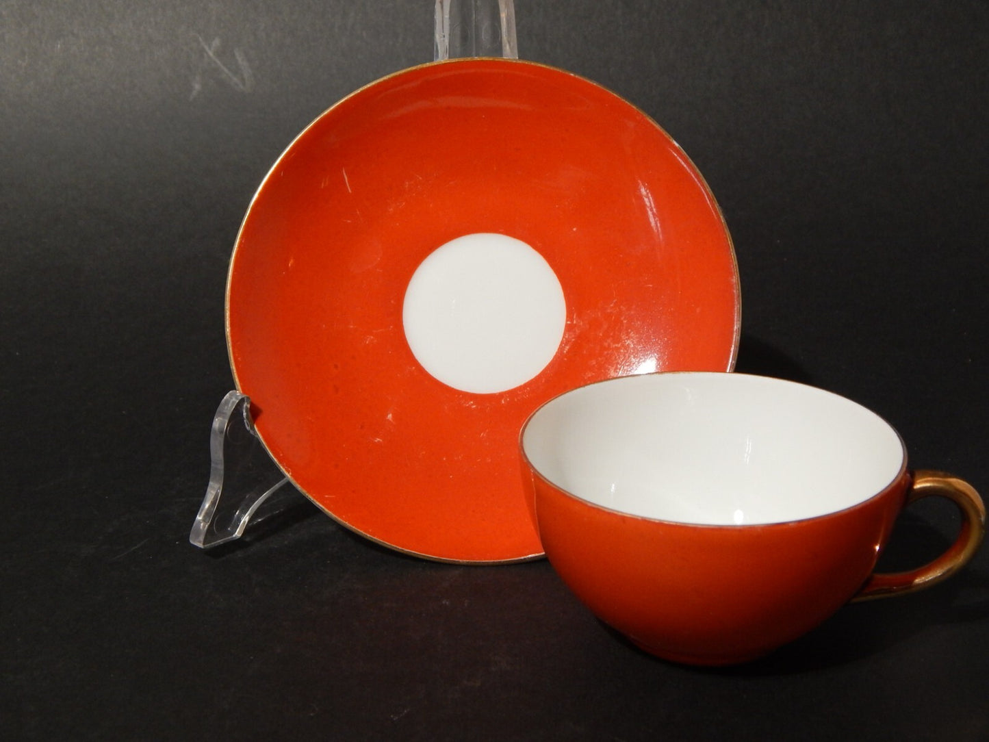 ANTICA RETRO' PREZIOSA TAZZINA PORCELLANA COLORE ARANCIO E ORO