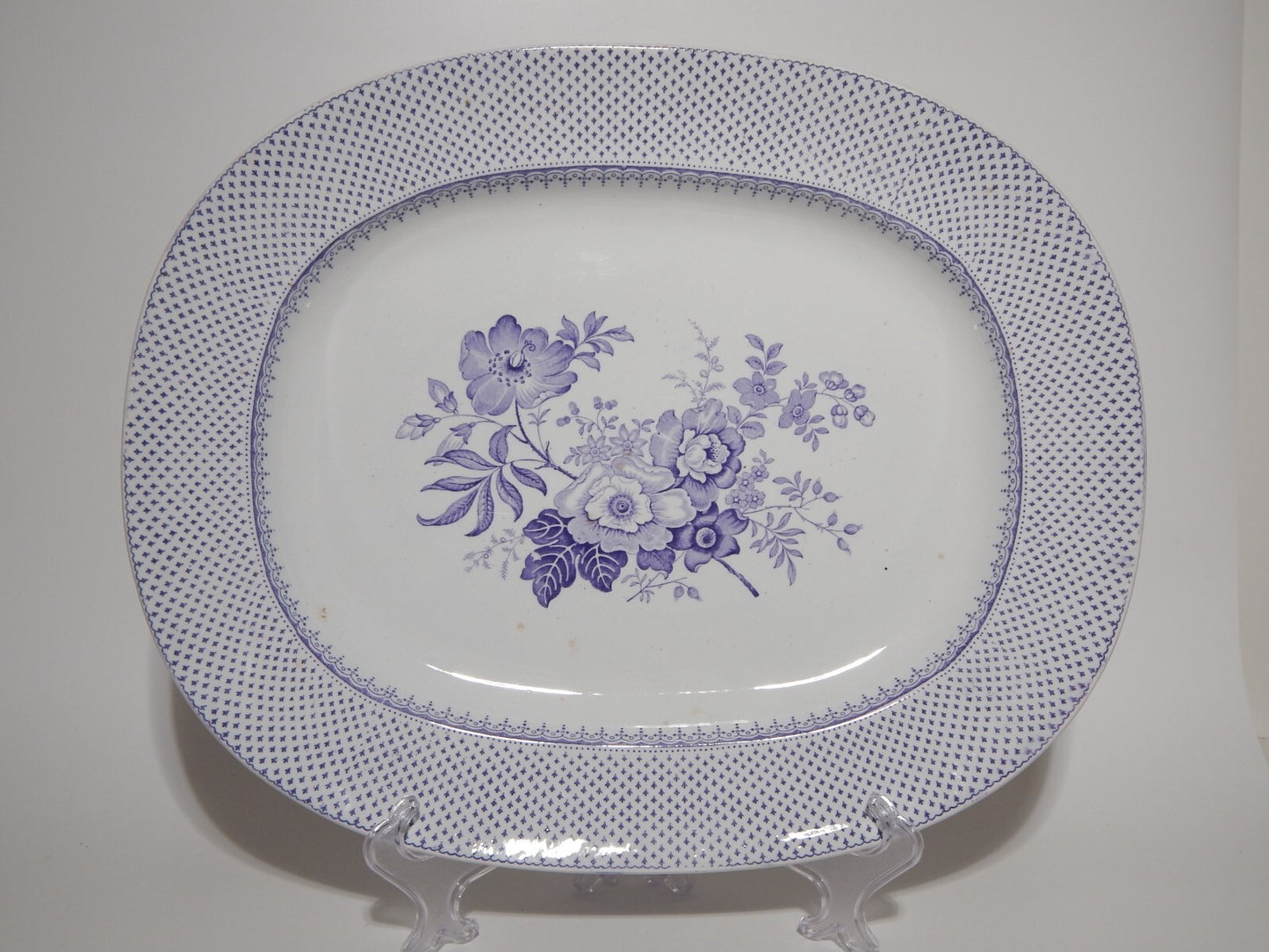 ANTICO GRANDE VASSOIO CERAMICA STAFFORDSHIRE PRIMAVESI 1860 ERMINE BORDER VIOLA
