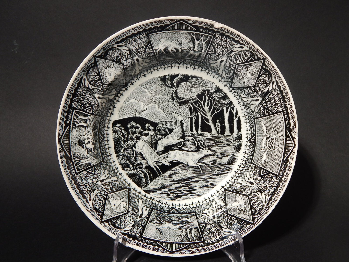 ANTICO RARO PIATTO CACCIA AL CERVO CERAMICA TURRITA LIVORNO A MENICANTI FINE 800