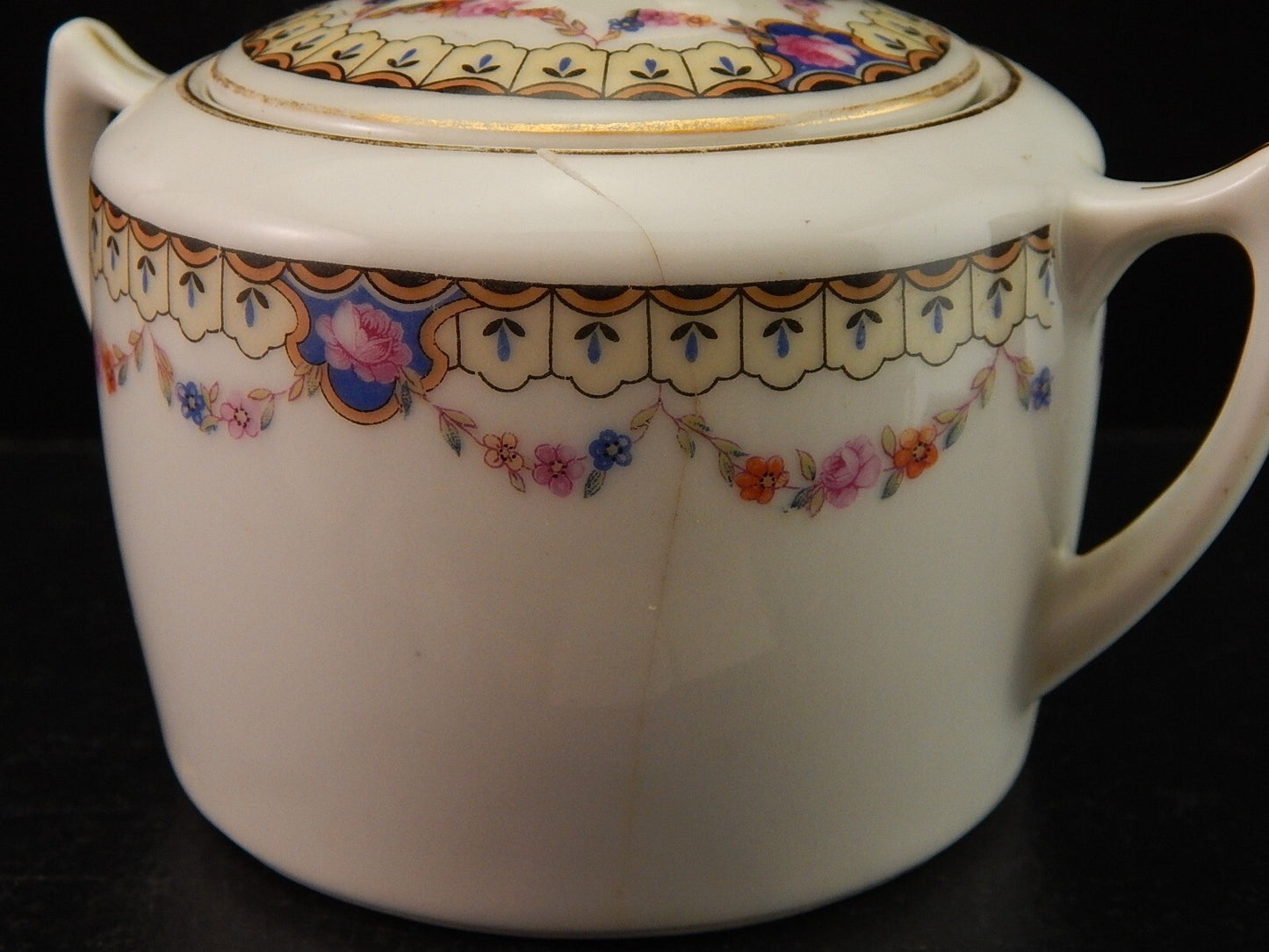 ANTICA ART DECO ZUCCHERIERA PORCELLANA BOEMA DECORO A GHIRLANDA DIFETTO