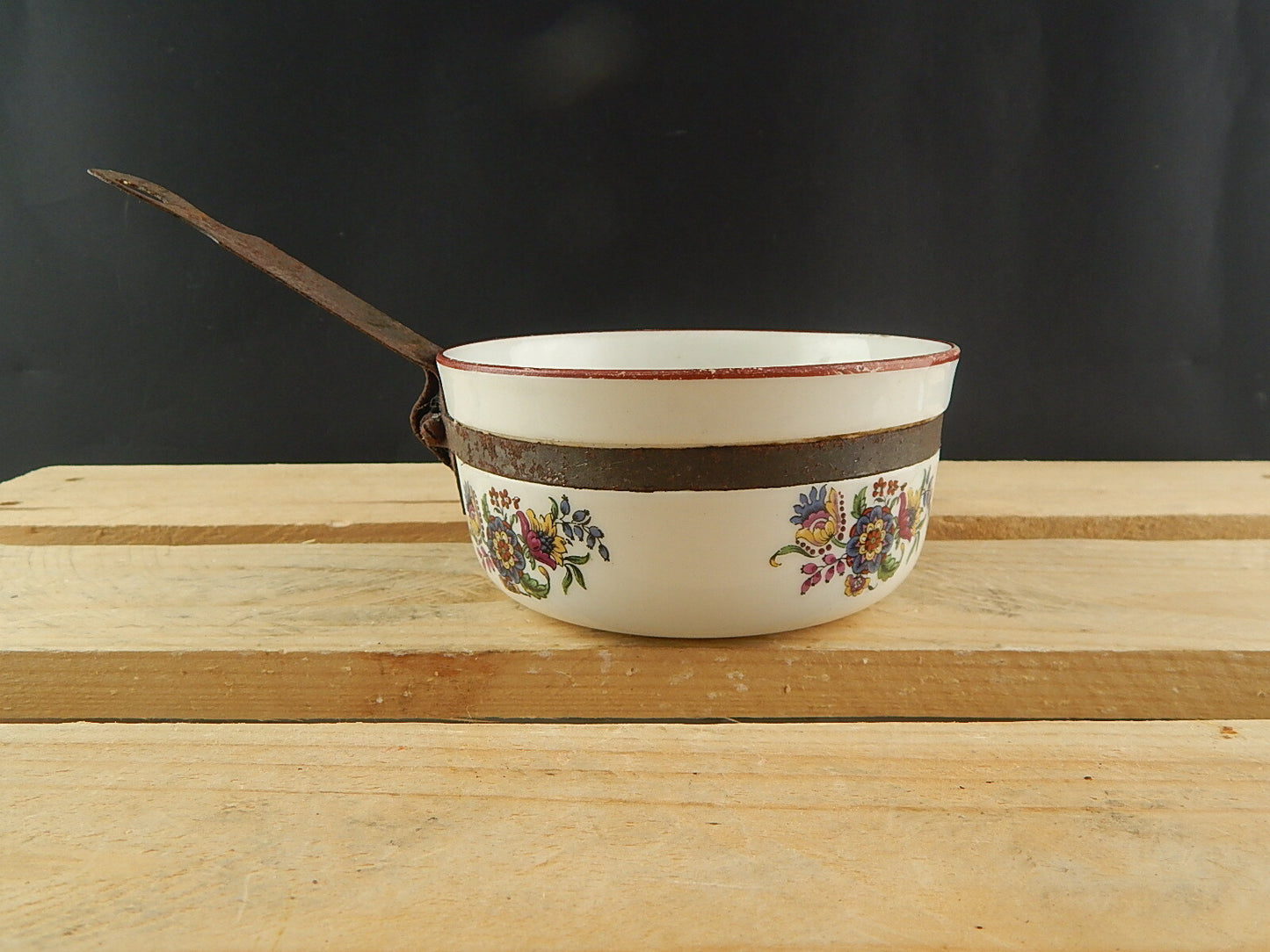 ANTICO INTROVABILE TEGAME PENTOLINO CERAMICA SMALTATA DECORO FLOREALE COLLEZIONE