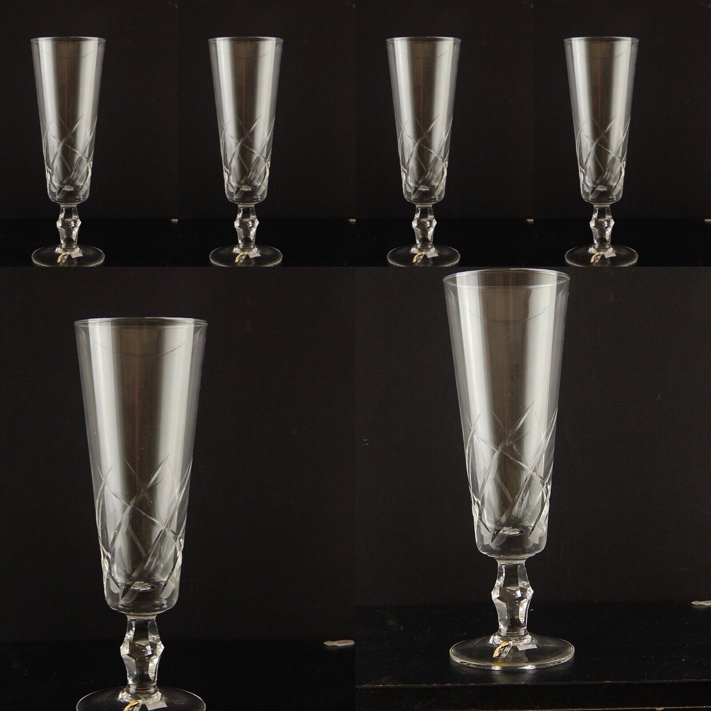 ANTICO ART DECO SERVIZIO 6 BICCHIERI FLUTE DI CRISTALLO BOEMIA INCISI MOLATI