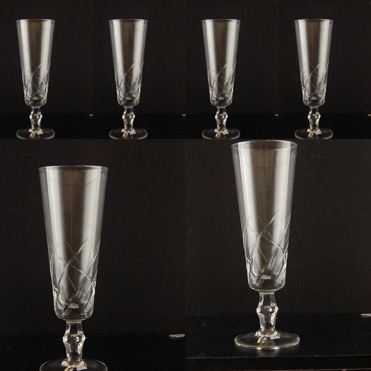 ANTICO ART DECO SERVIZIO 6 BICCHIERI FLUTE DI CRISTALLO BOEMIA INCISI MOLATI