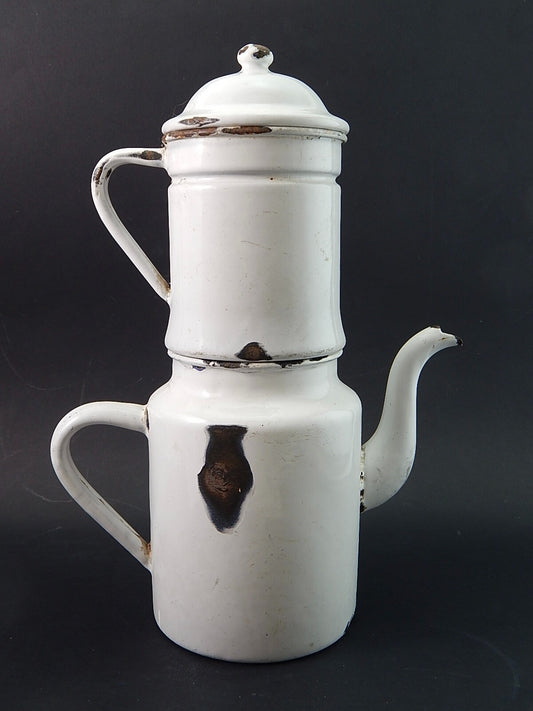 ANTICA CAFFETTIERA LATTA SMALTATA PORCELLANATA BIANCA DUE LEONI BASSANO