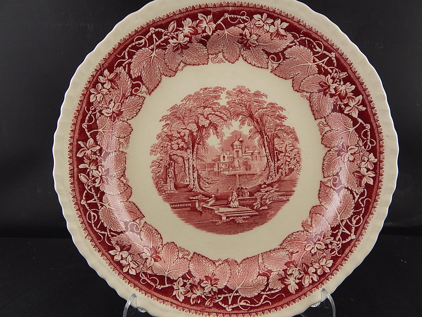 ANTICO PIATTO VASSOIO ROTONDO CERAMICA INGLESE MASON’S DECORO VISTA BIANCO ROSSO