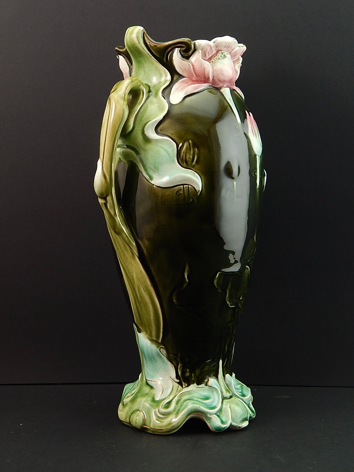ANTICO RARO PREZIOSO ART NOUVEAU VASO BARBOTINE CERAMICA GUSTAVE DE BRUYN LILLE