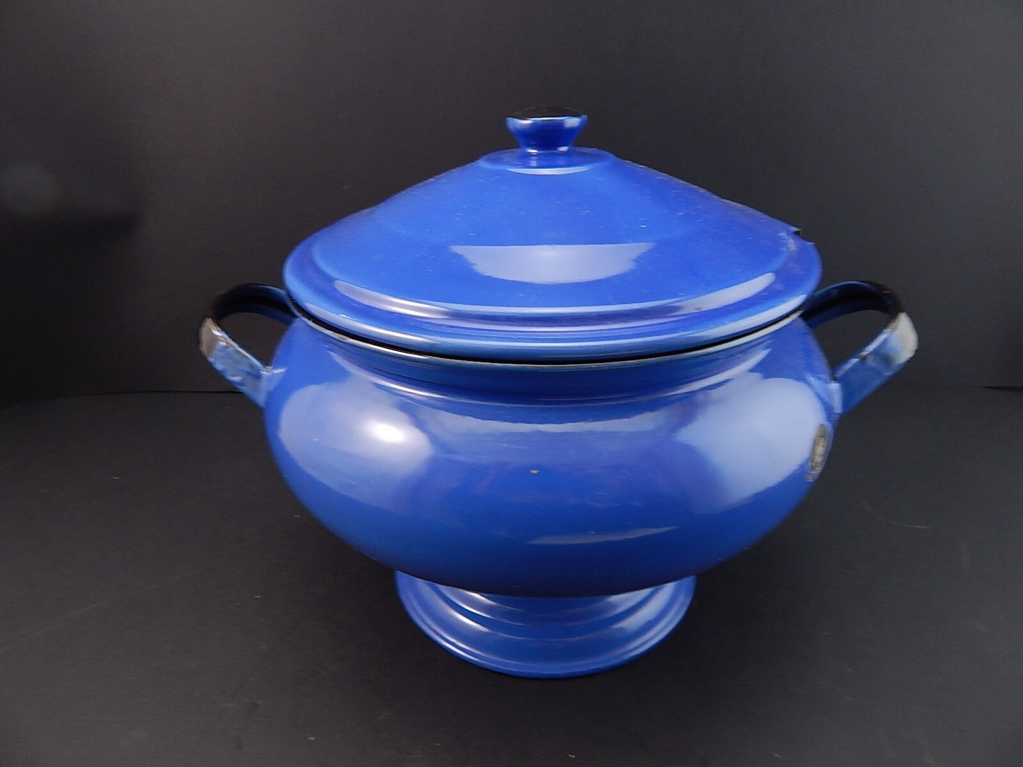 ANTICA RARA ZUPPIERA LATTA SMALTATA PORCELLANATA BLU COBALTO