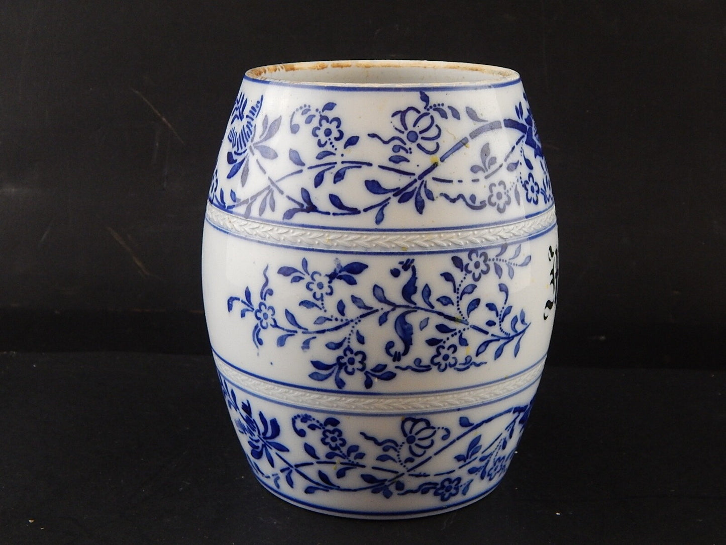 ANTICO RARO BARATTOLO CUCINA MEHL FARINA CERAMICA DECORO MEISSEN BIANCO BLU