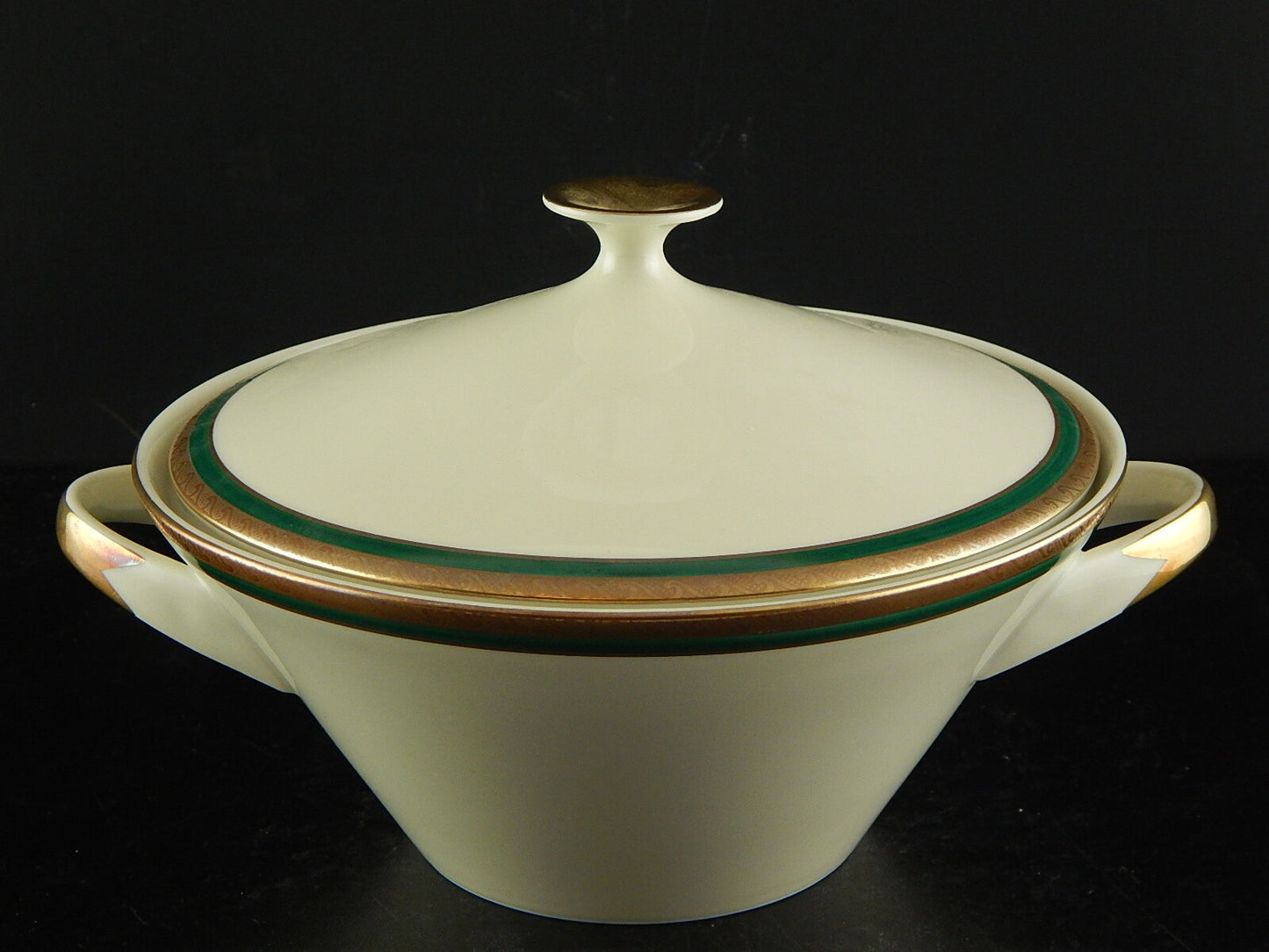 RETRO ELEGANTE PICCOLA ZUPPIERA IMPERO PORCELLANA BAVARIA AVORIO SMERALDO ORO