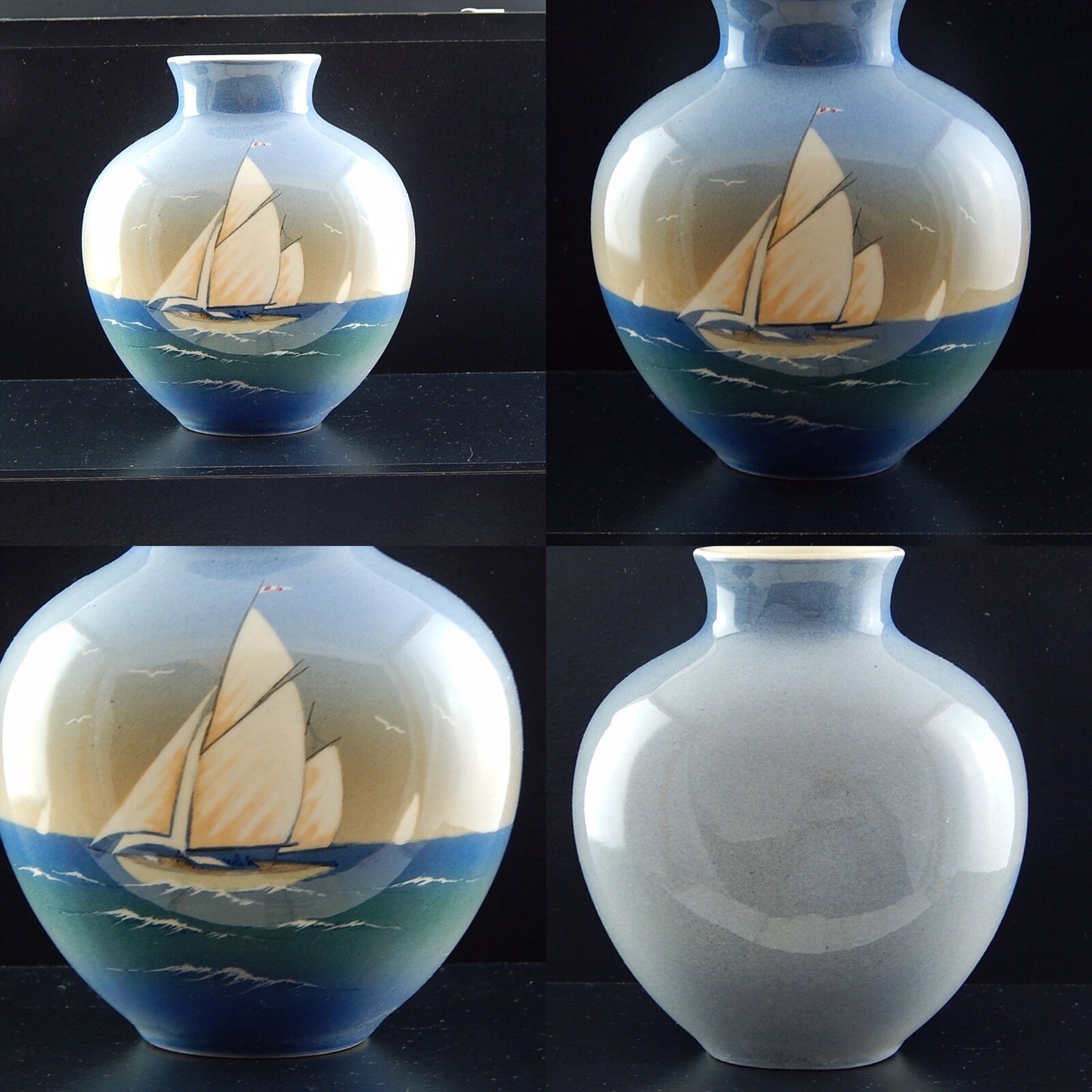 DENMARK VASO ANTICO CERAMICA SMALTATA DIPINTO MANO BARCA A VELA SOHOLM BORNHOLM