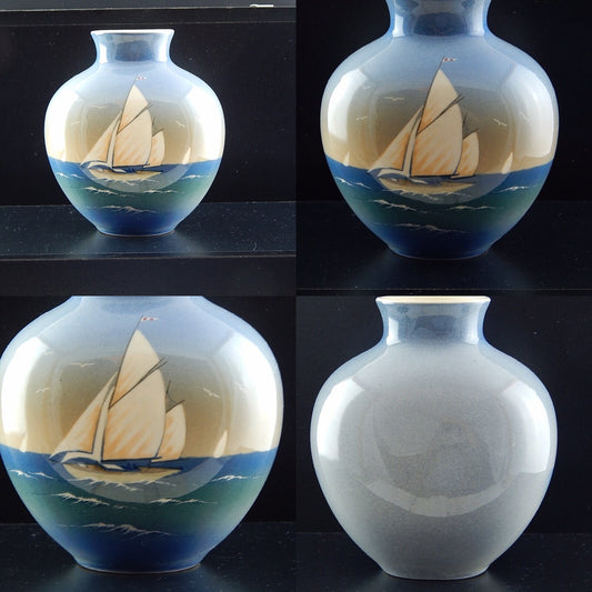 DENMARK VASO ANTICO CERAMICA SMALTATA DIPINTO MANO BARCA A VELA SOHOLM BORNHOLM