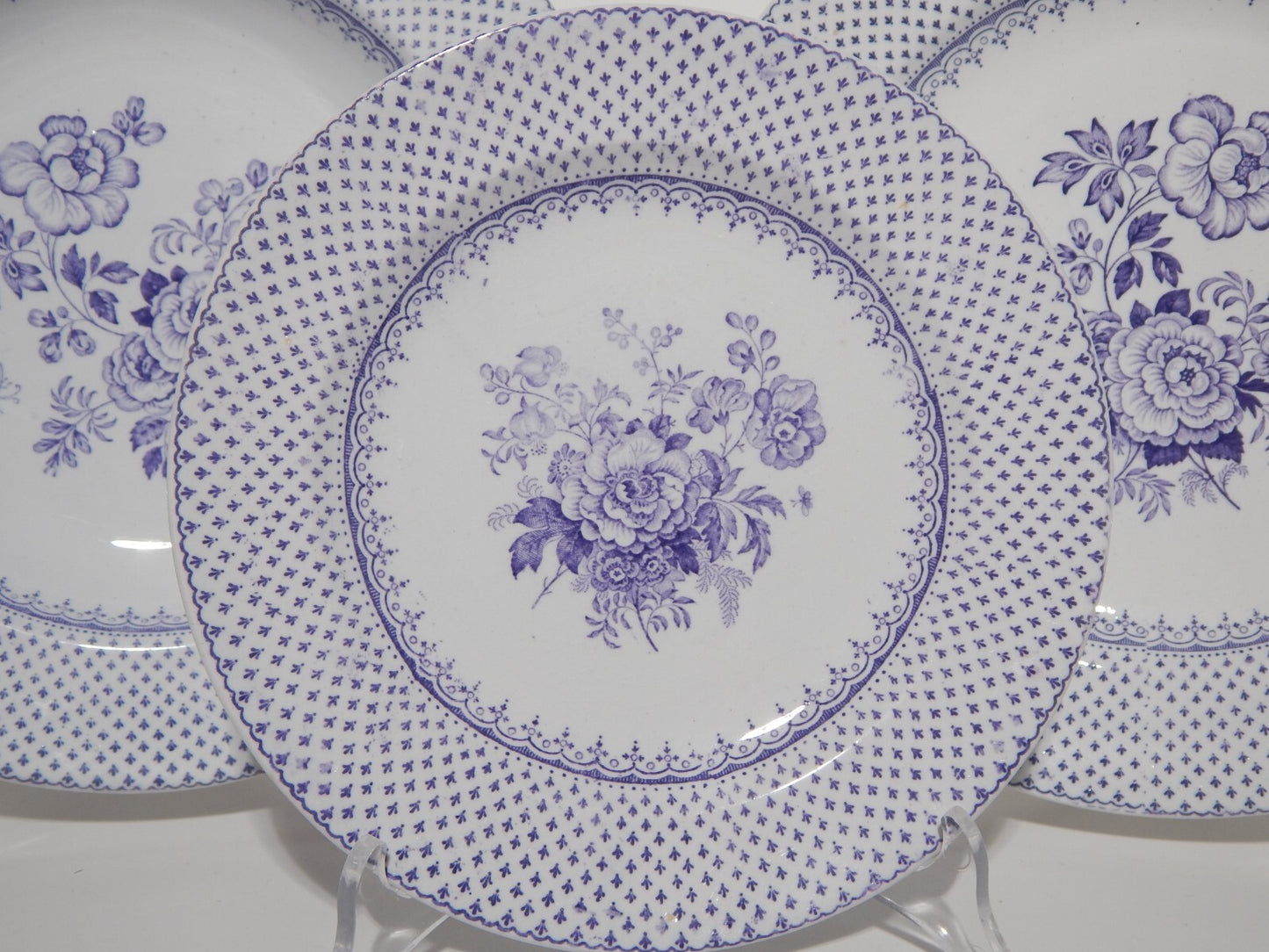ANTICO SET 18 PIATTI CERAMICA STAFFORDSHIRE PRIMAVESI 1860 ERMINE BORDER VIOLA