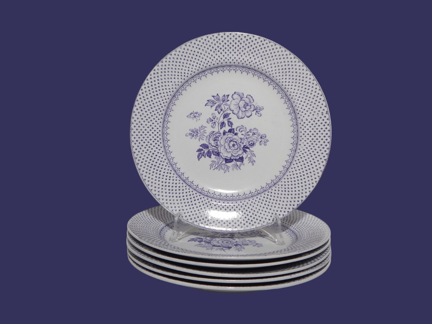 ANTICO SET 6 PIATTI CERAMICA STAFFORDSHIRE PRIMAVESI 1860 ERMINE BORDER VIOLA