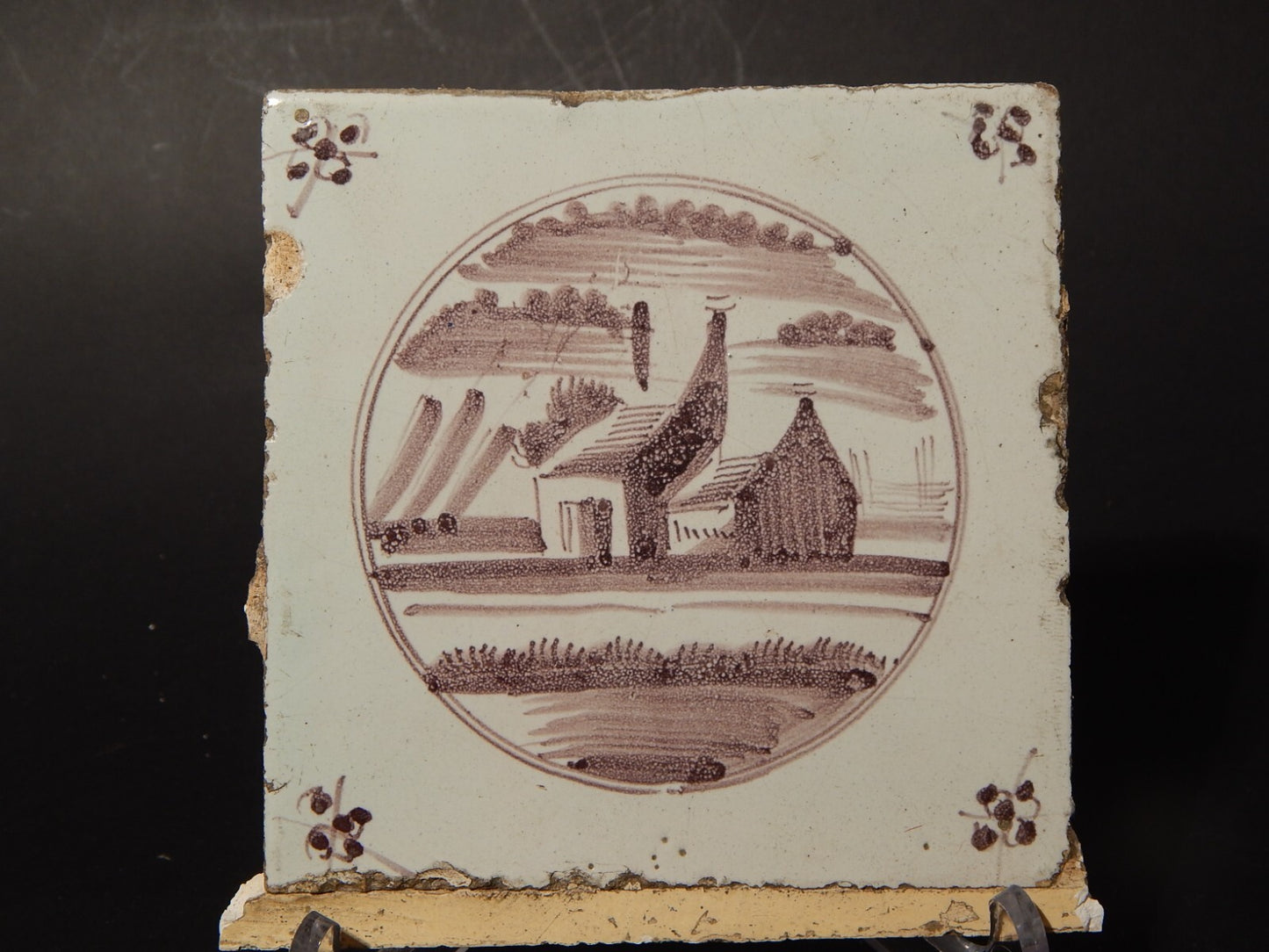 ANTICA PIASTRELLA MATTONELLA CERAMICA DELFT DEL 1700 DECORO AL MANGANESE (480)