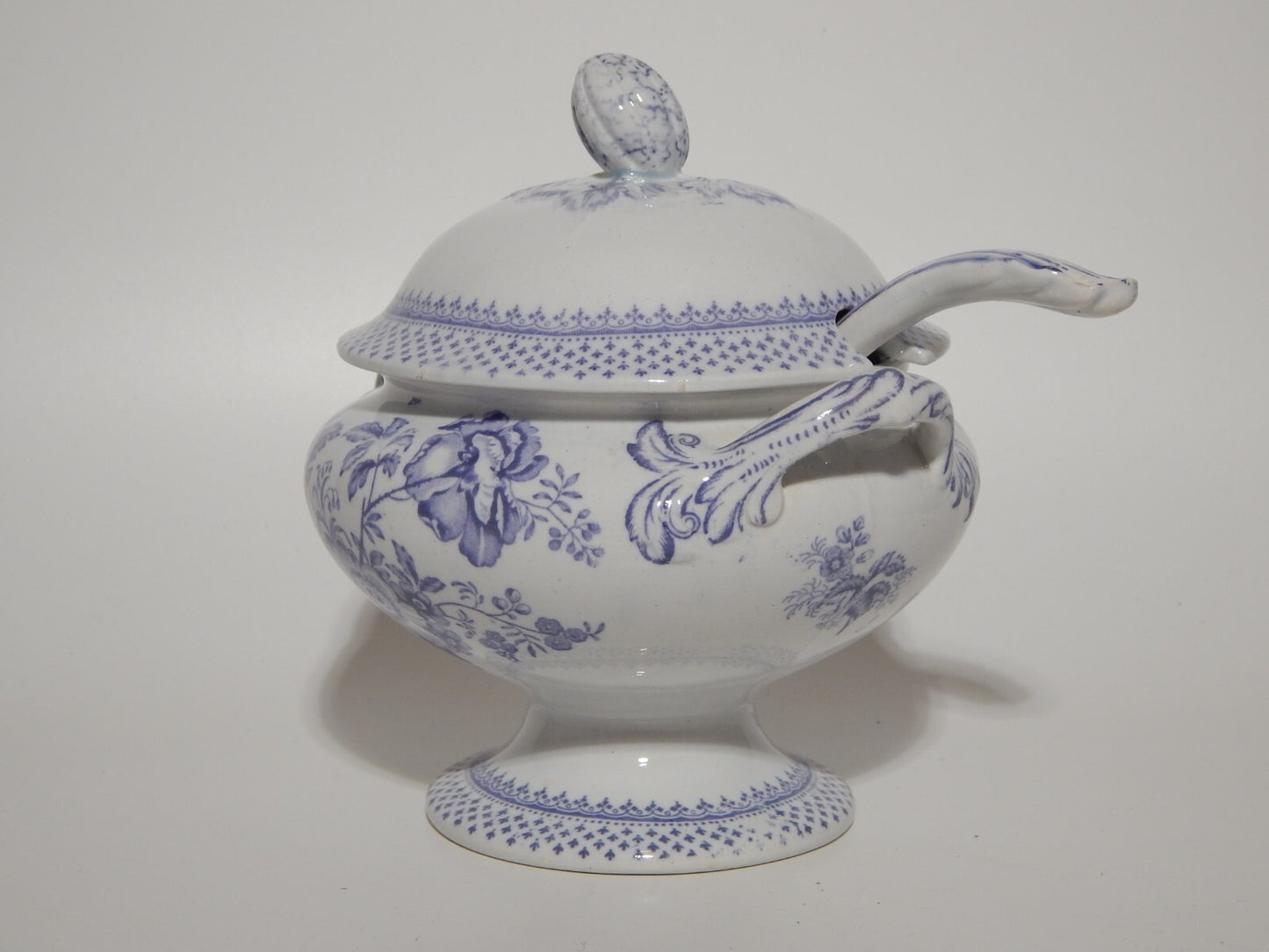 ANTICA RARA ZUPPIERA EGOISTE CERAMICA INGLESE PRIMAVESI 1860 ERMINE BORDER VIOLA