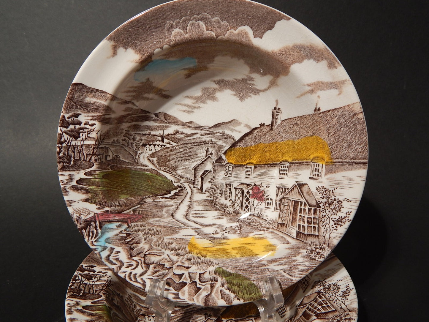 VINTAGE SET 3 CIOTOLE CERAMICA PIATTI FONDI W. H. GRINDLEY STAMPA MANO QUIET DAY