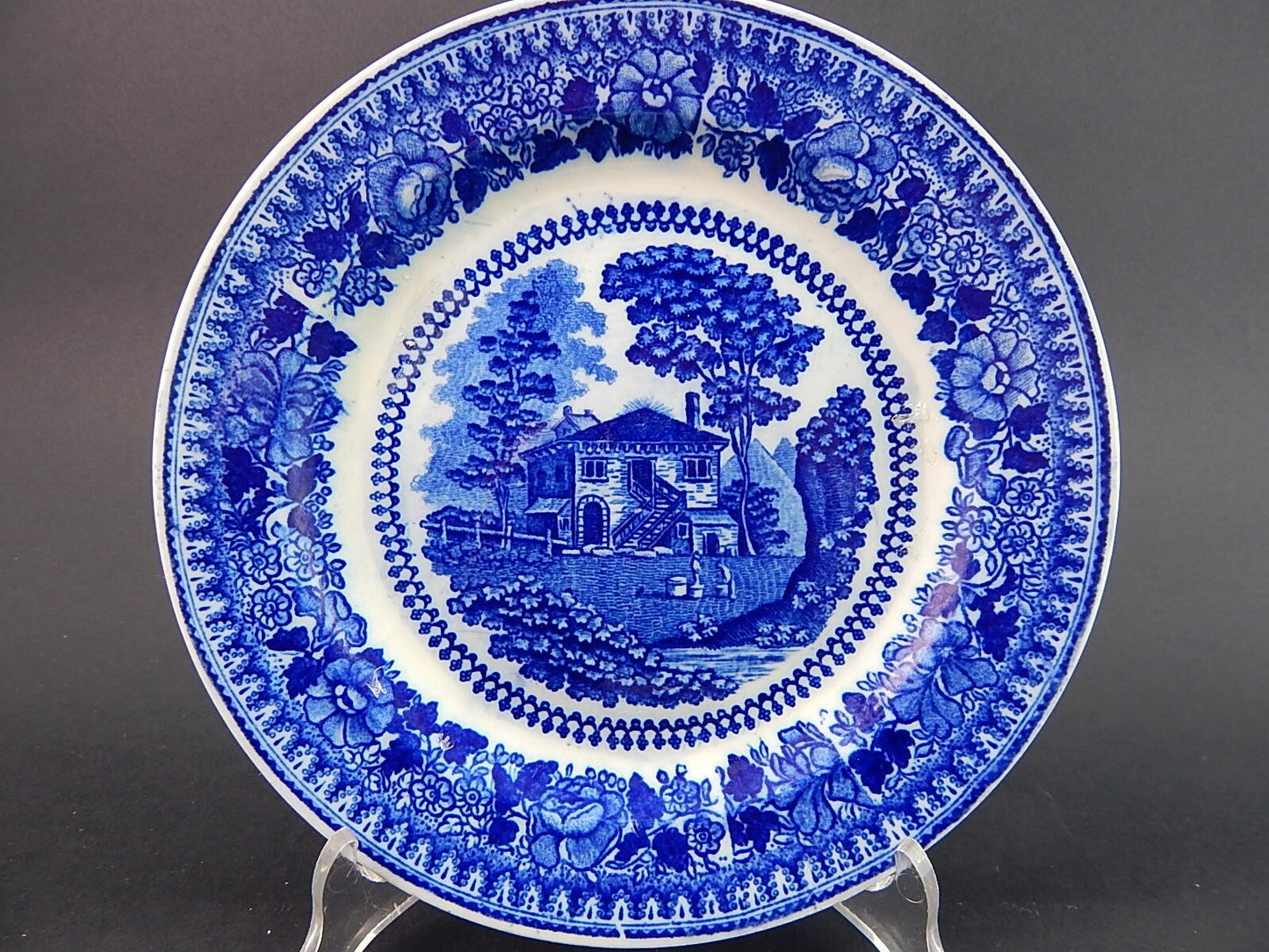 ANTICO PIATTO CERAMICA META' 1800 GUSTAVSBERG STAMPA A MANO BIANCO BLU