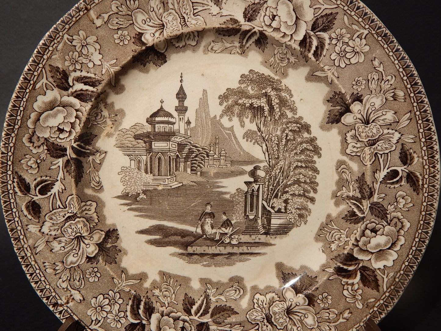 ANTICO PIATTO CERAMICA POTTERY J. MARSHALL & CO BOSPHORUS STAMPA A MANO MARRONE