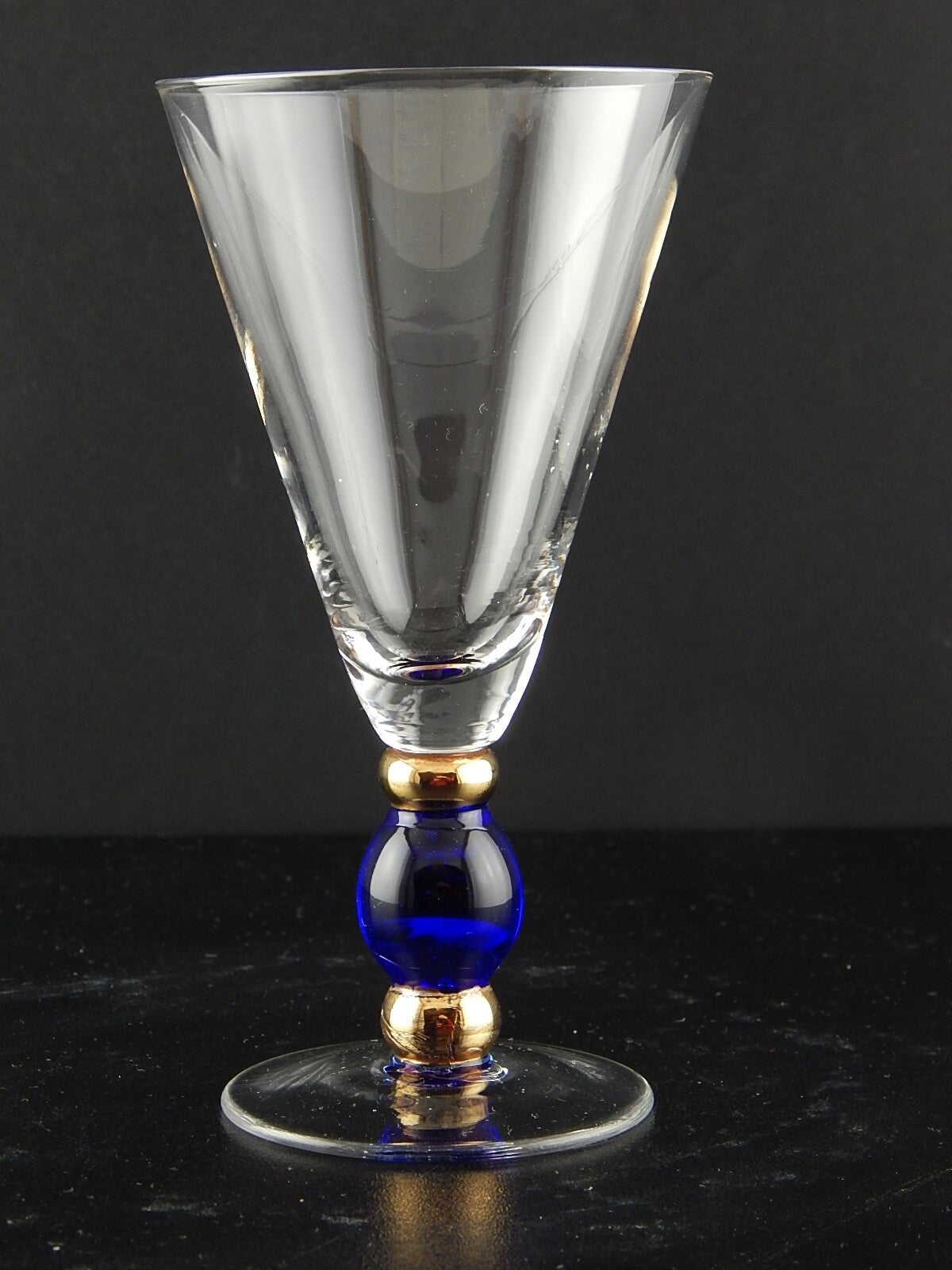 ANTICO ART DECO PREZIOSO CALICE VETRO SOFFIATO MURANO BLU COBALTO ORO