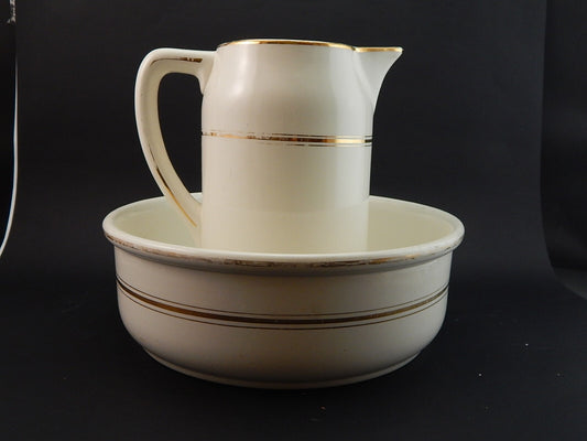 ANTICO SET BAGNO ART DECO CATINO E BROCCA CERAMICA CON PROFILI ORO ZECCHINO