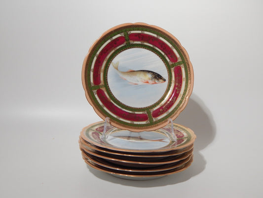 #ANTICO IMPORTANTE SET 6 PIATTI PESCE STILE PORCELLANA IMPERIALE VIENNA AUSTRIA