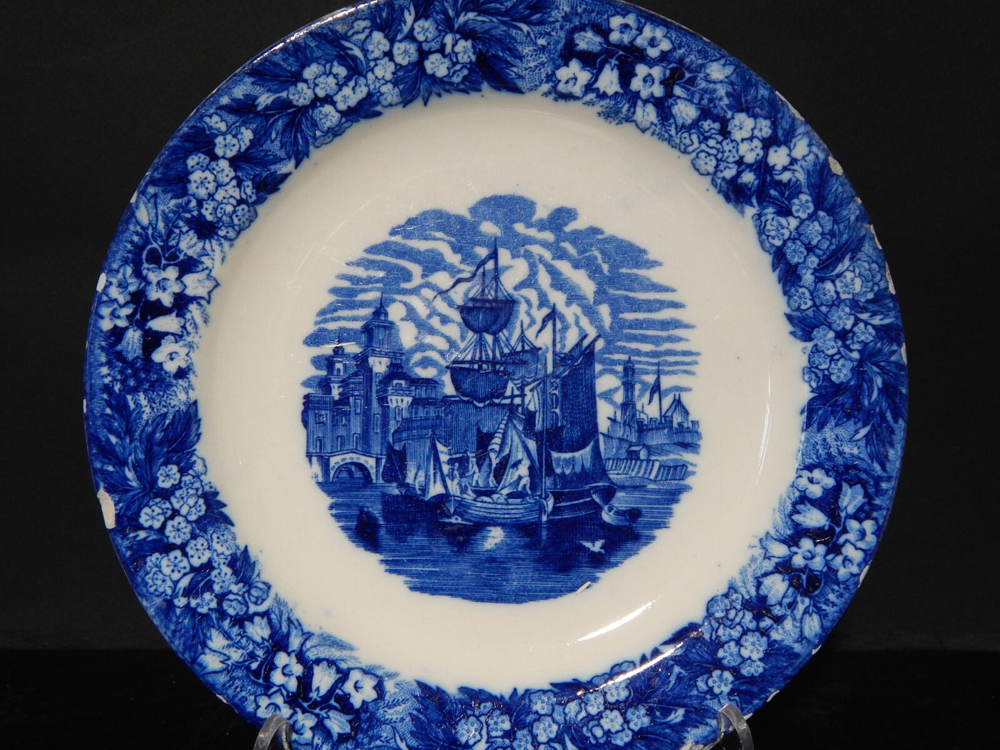 ANTICO RARO PIATTO PORCELLANA INGLESE "FERRARA" META' 1800 BIANCO BLU COLLEZIONE