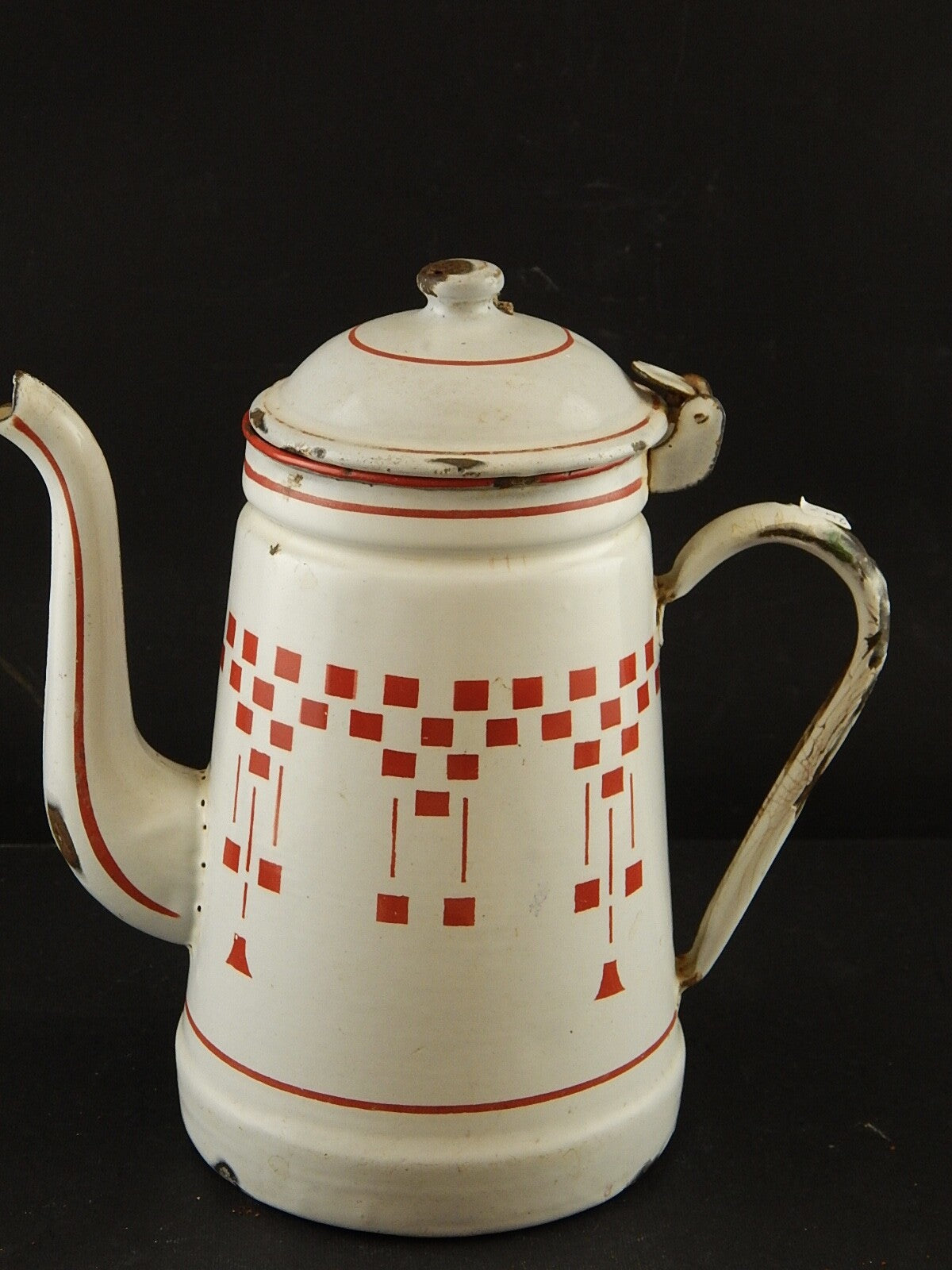 ANTICA FRANCIA CAFFETTIERA LATTA SMALTATA PORCELLANATA ROSSO COUNTRY COLLECTION