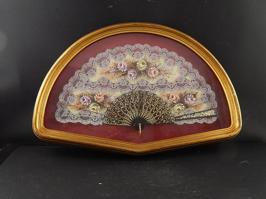 PREZIOSO ELEGANTE VENTAGLIO PIZZO E FIORI DIPINTI CON VENTAGLIERA COLLEZIONE