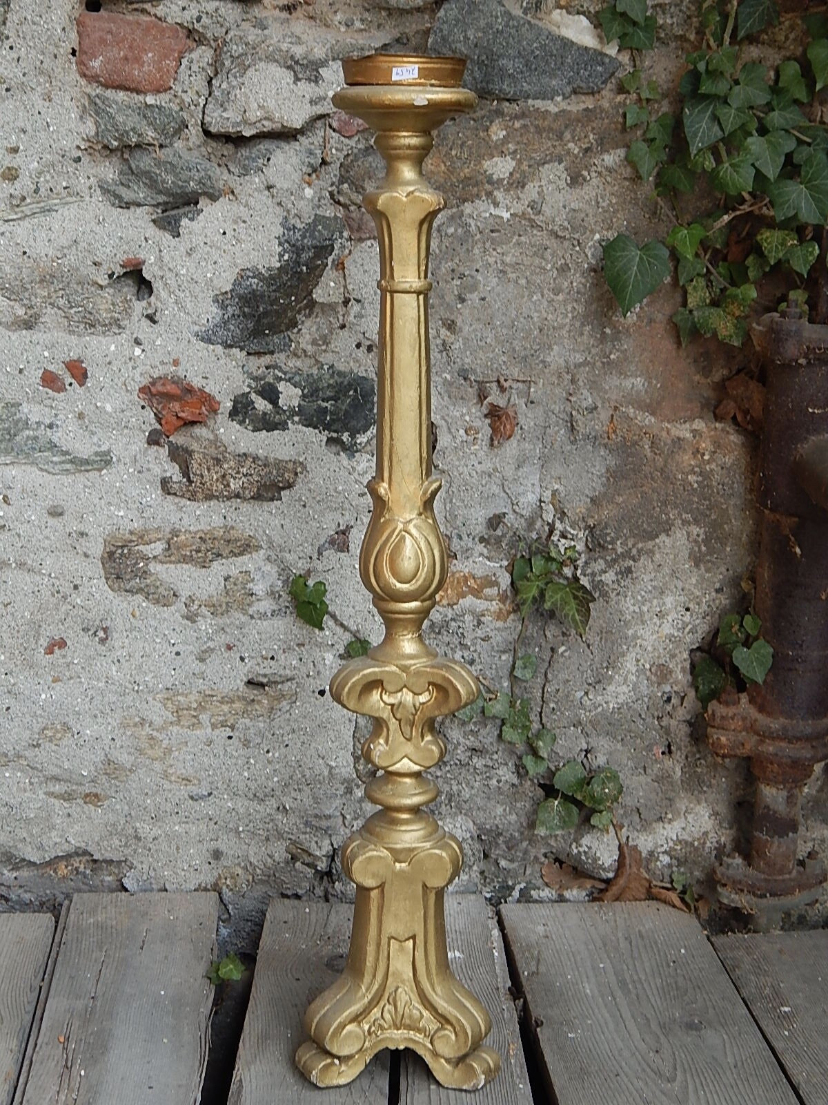 ANTICO ARTE SACRA CANDELABRO CANDELIERE TORCIERA LEGNO SCOLPITO DORATO XIX SEC.