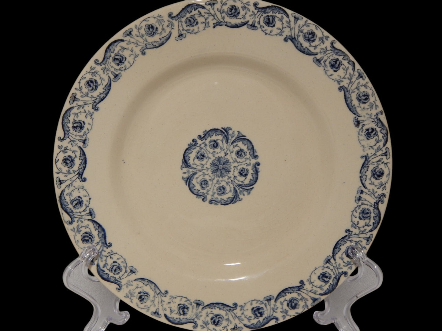 ANTICA FINE 1800 ALZATA FRUTTIERA CENTROTAVOLA CERAMICA GIEN DECORO BLU BIARRITZ