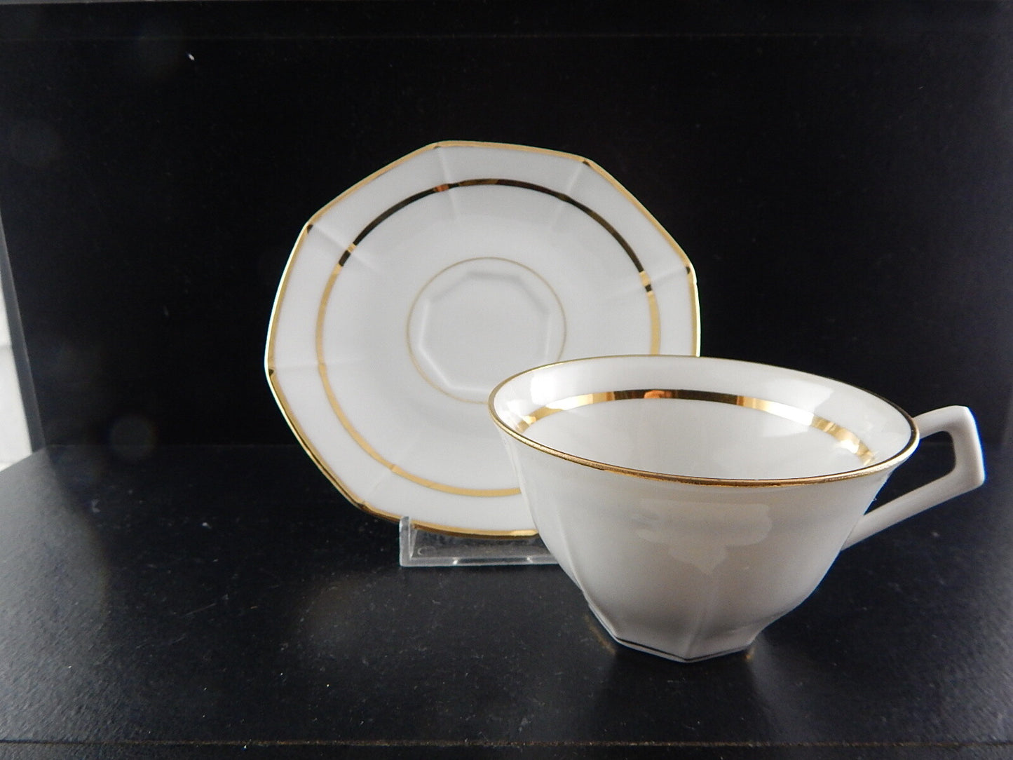ANTICA TAZZA CAFFÈ CON PIATTINO ART DECO LIMOGES PORCELLANA BIANCA E ORO