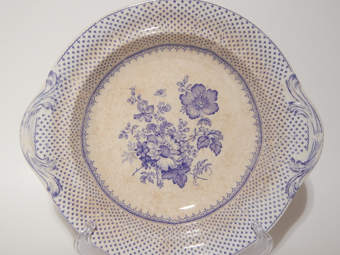 ANTICA LEGUMIERA CENTROTAVOLA CERAMICA INGLESE PRIMAVESI ERMINE BORDER VIOLA #