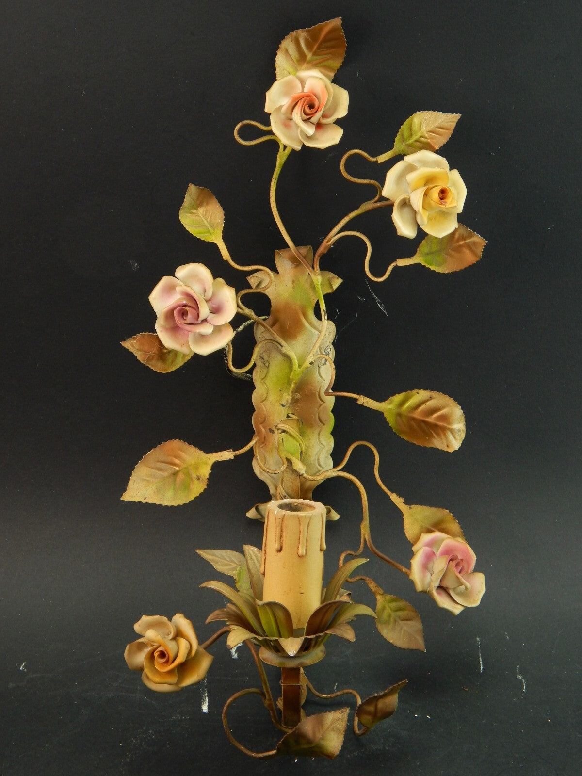 APPLIQUE 1 FUOCO ANTICA LIBERTY FERRO BATTUTO E ROSE CERAMICA POLICROME #1731