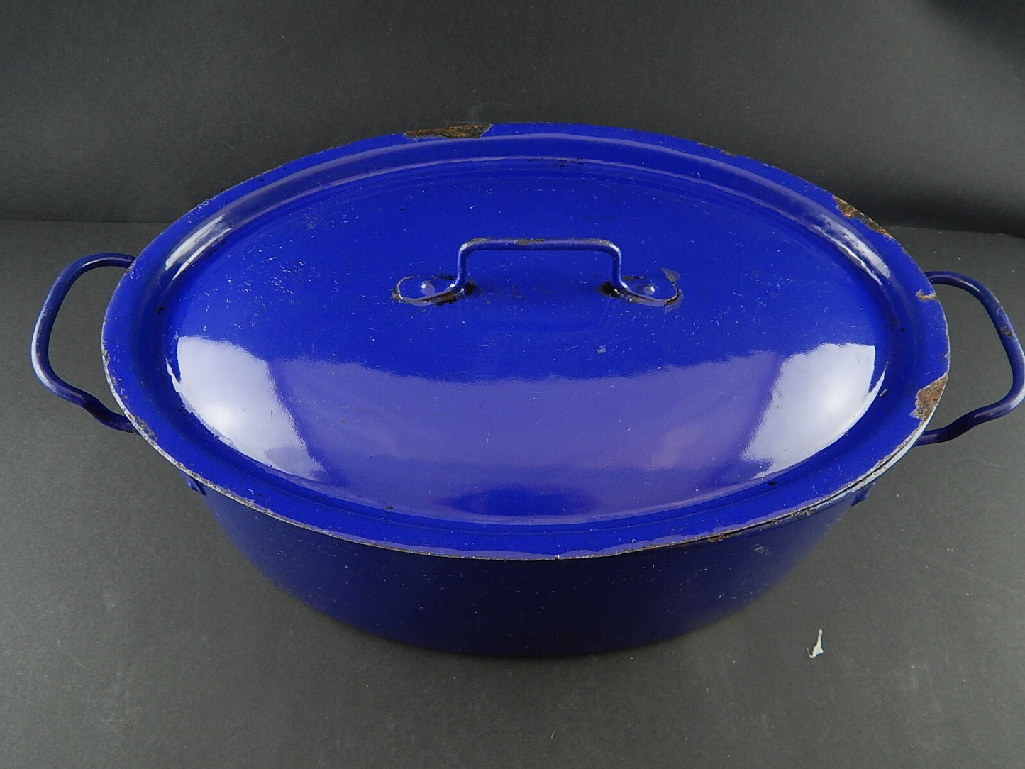 ANTICA CASSERUOLA OVALE LATTA METALLO SMALTATA BIANCA E BLU DUE LEONI BASSANO