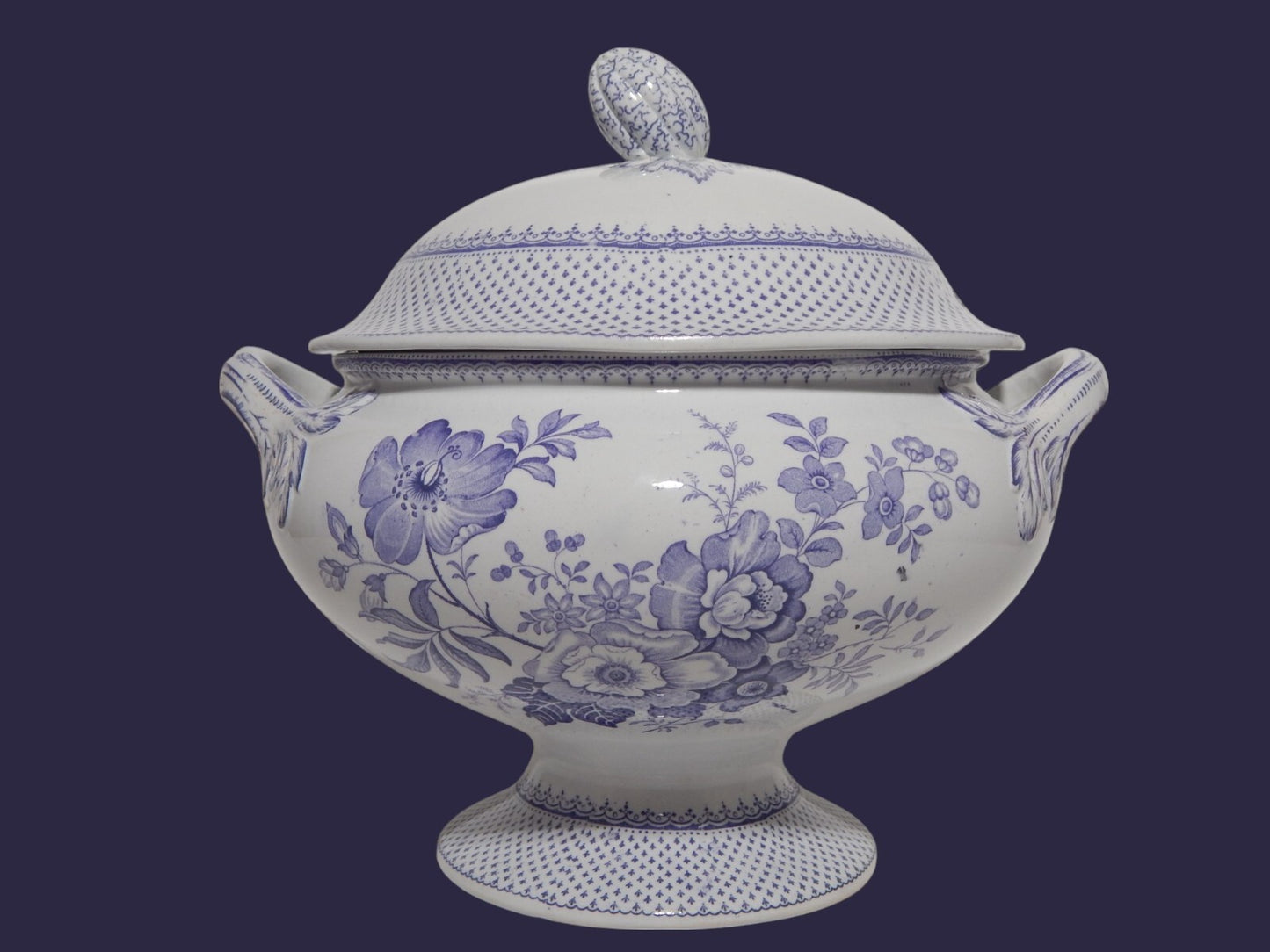 ANTICA ZUPPIERA CENTROTAVOLA CERAMICA INGLESE PRIMAVESI 1860 ERMINE BORDER VIOLA