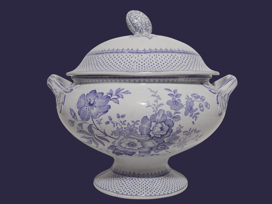 ANTICA ZUPPIERA CENTROTAVOLA CERAMICA INGLESE PRIMAVESI 1860 ERMINE BORDER VIOLA