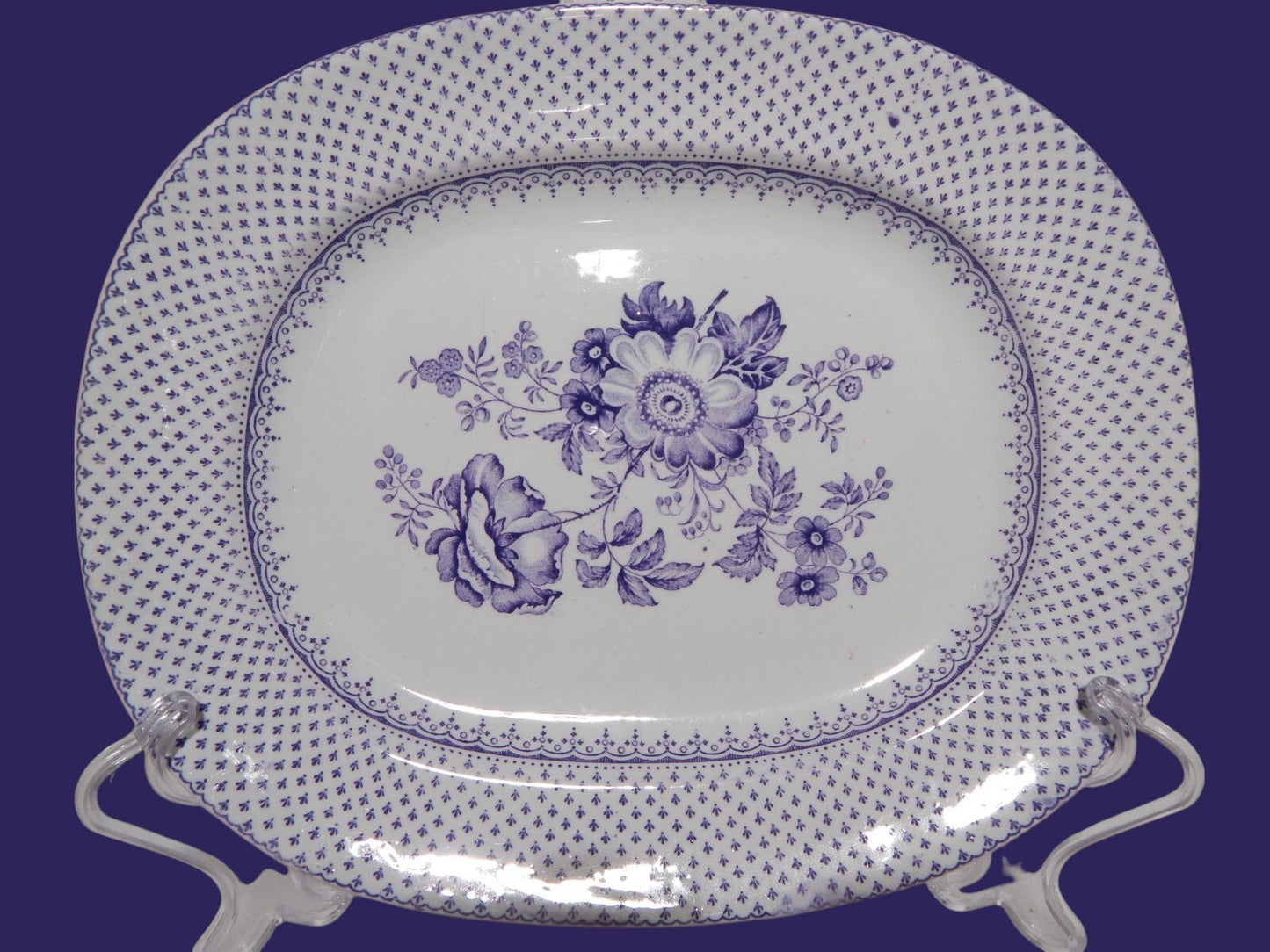ANTICO RARO VASSOIO CERAMICA STAFFORDSHIRE PRIMAVESI 1860 ERMINE BORDER VIOLA #
