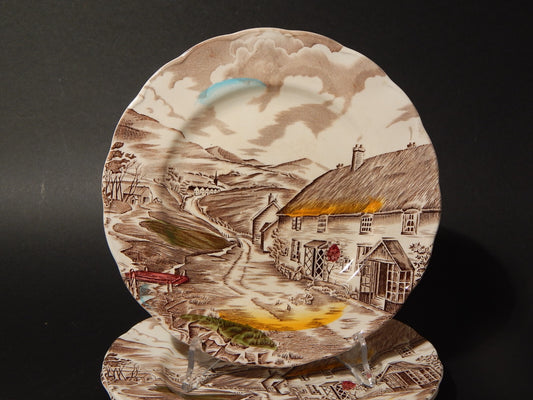 VINTAGE SET 3 PIATTI CM 22,5 CERAMICA W. H. GRINDLEY STAMPA MANO QUIET DAY