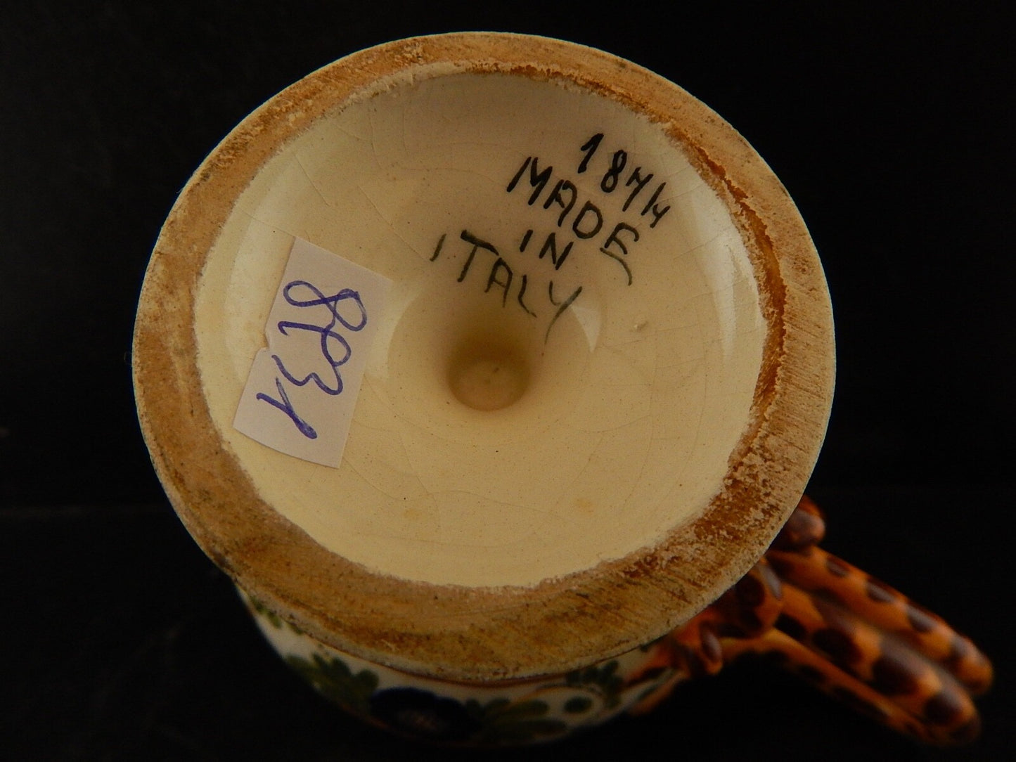 ANTICA TAZZA MAIOLICA CERAMICA POLICROMA FANTECHI ANSA A SERPE PRIMO 900 #8931