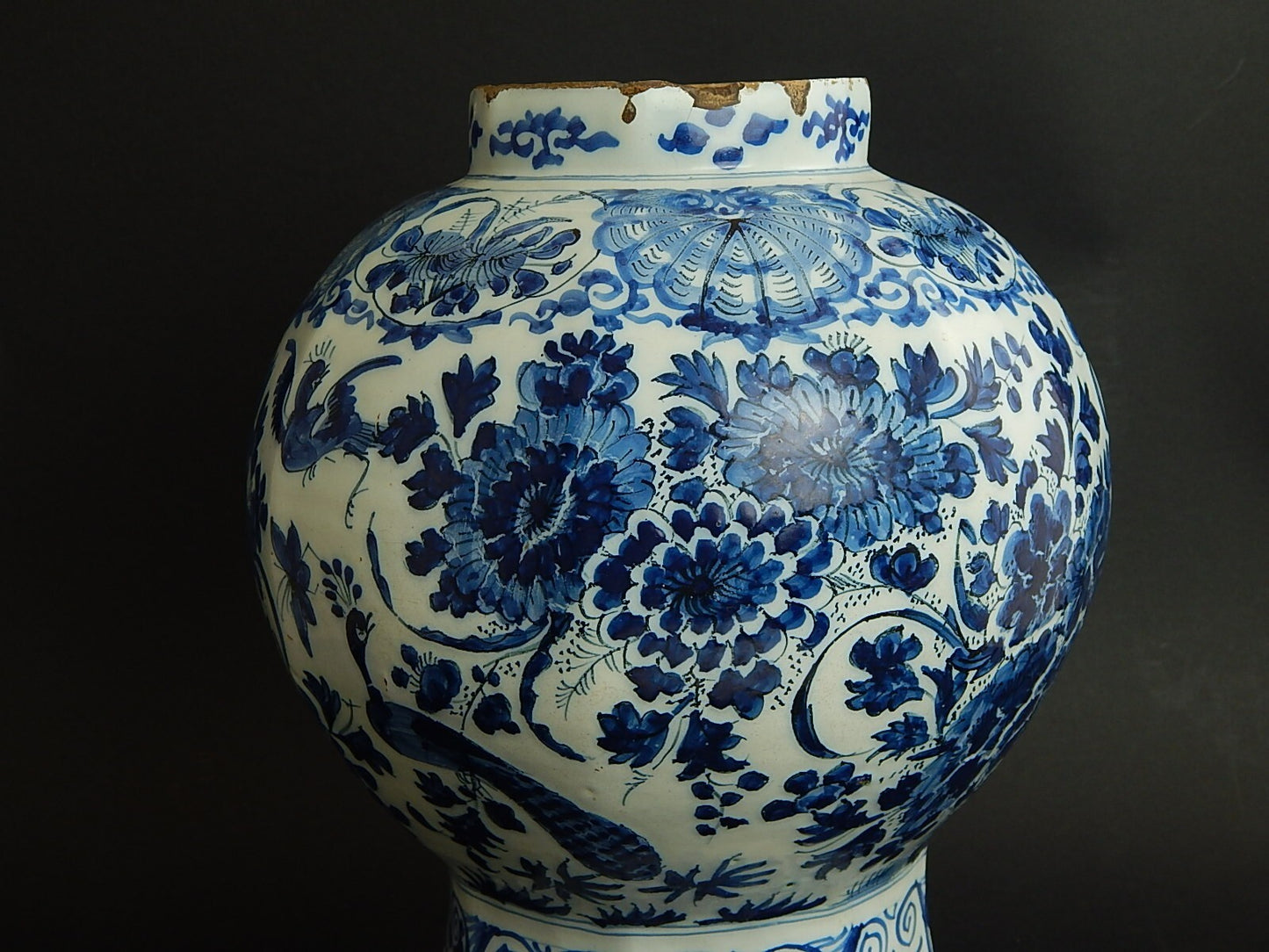 ANTICO PREZIOSO GRANDE VASO OTTAGONALE CERAMICA DELFT FINE XVII SECOLO I PAVONI