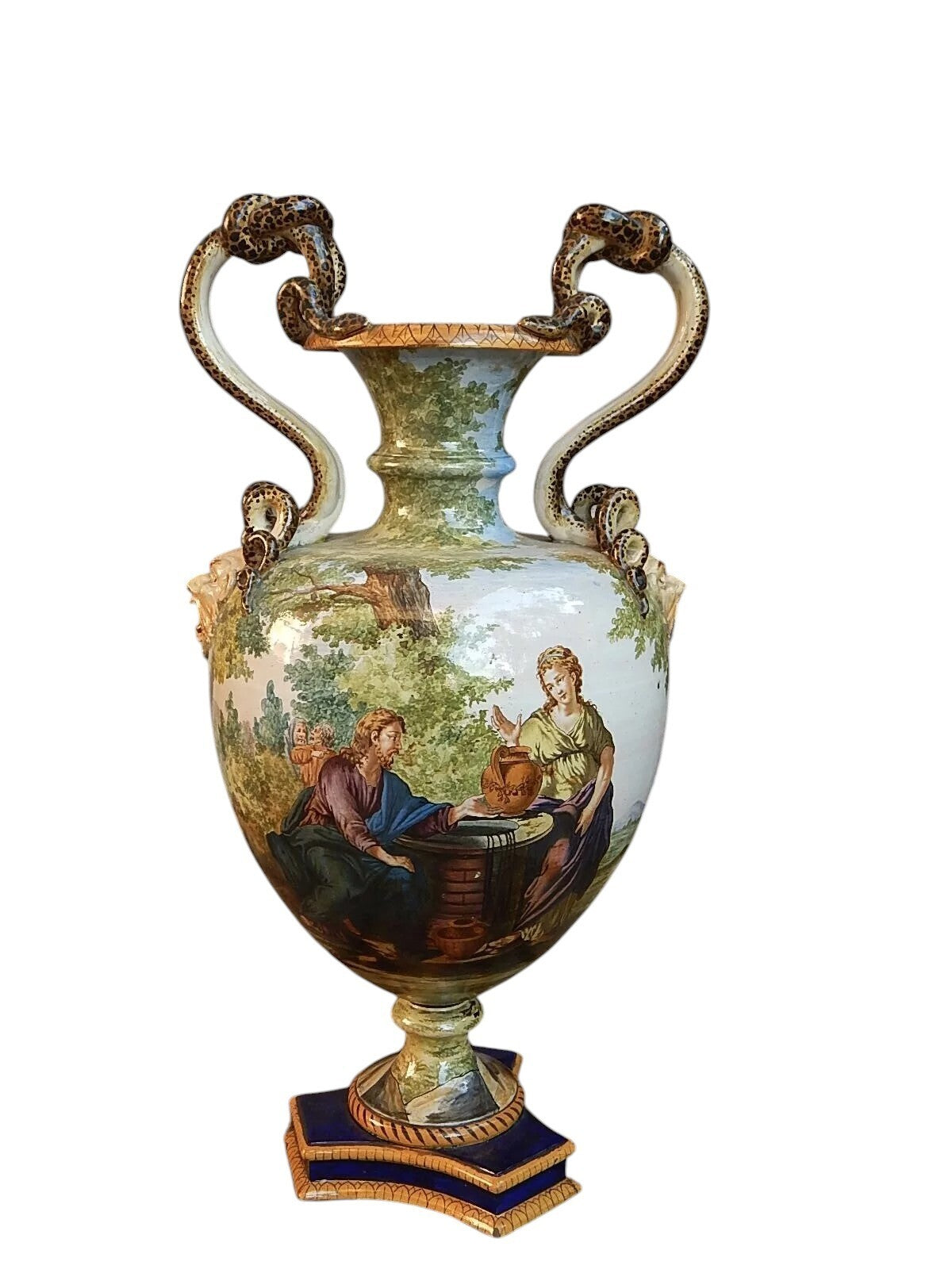 IMPORTANTE VASO MAIOLICA SMALTATA GINORI DOCCIA SCENA BIBLICA SECONDA META' 1800