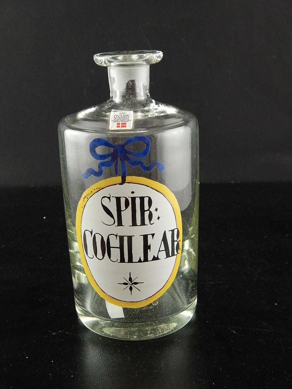 VINTAGE HOLMEGAARD FARMACIA BOTTIGLIA VETRO SOFFIATO DIPINTA MANO SPIR COCHLEAR