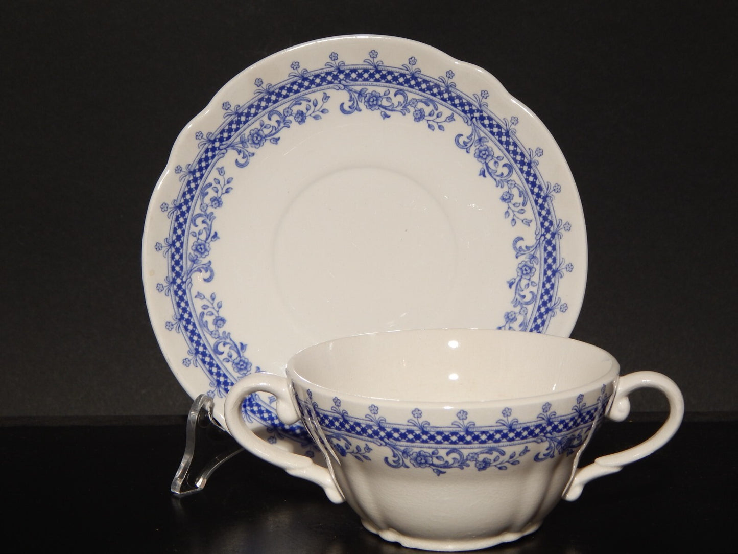 VINTAGE TAZZA BRODO CONSOMME' CERAMICA S.C.I. LAVENO DIAMONDSTONE BIANCO BLU #
