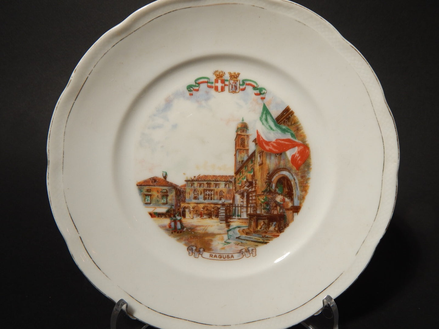 ANTICO PIATTO PORCELLANA GINORI CITTA' REDENTE RAGUSA 1919 STEMMA REGNO SABAUDO
